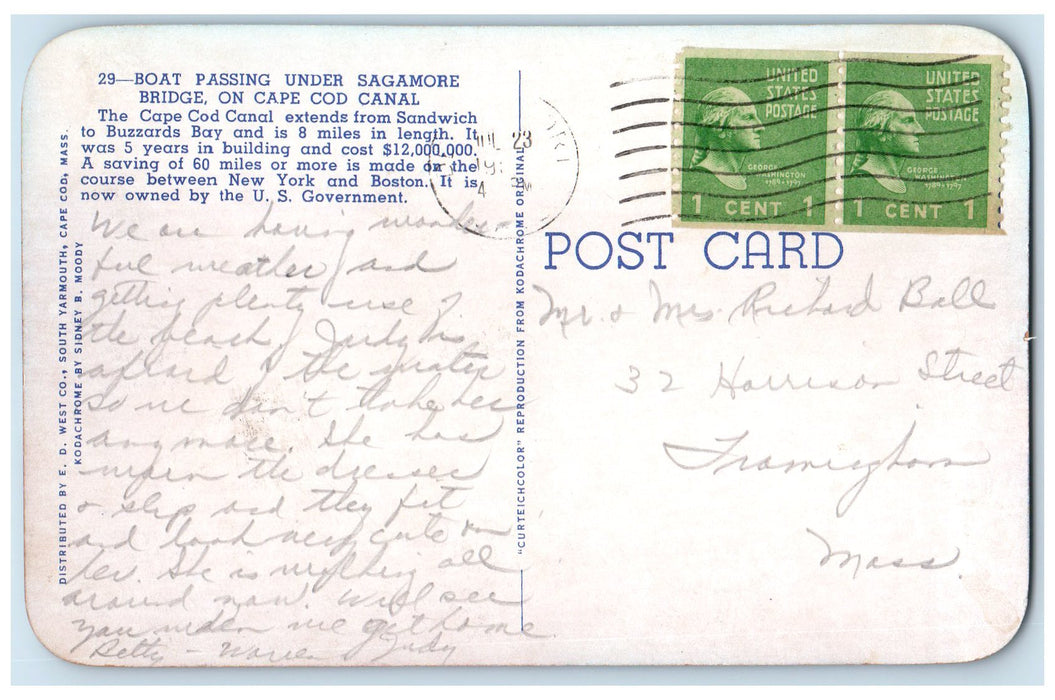 1960 Boat Passing Under Sagamore Bridge Cape Cod Canal Massachusetts MA Postcard