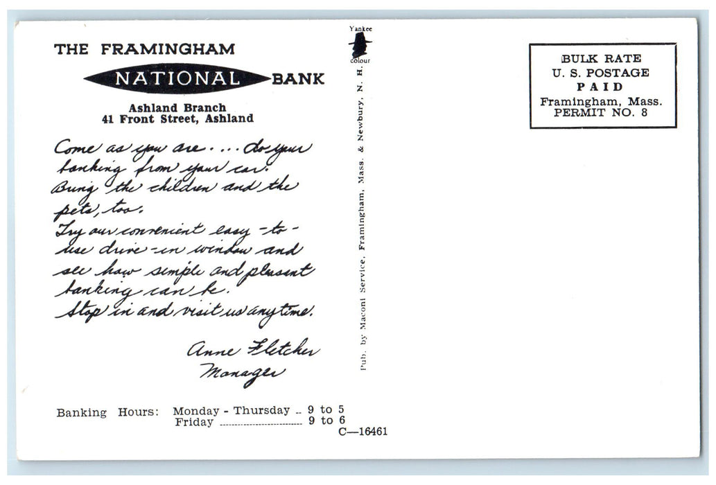 c1960's The Framingham National Bank Exterior Ashland Massachusetts MA Postcard