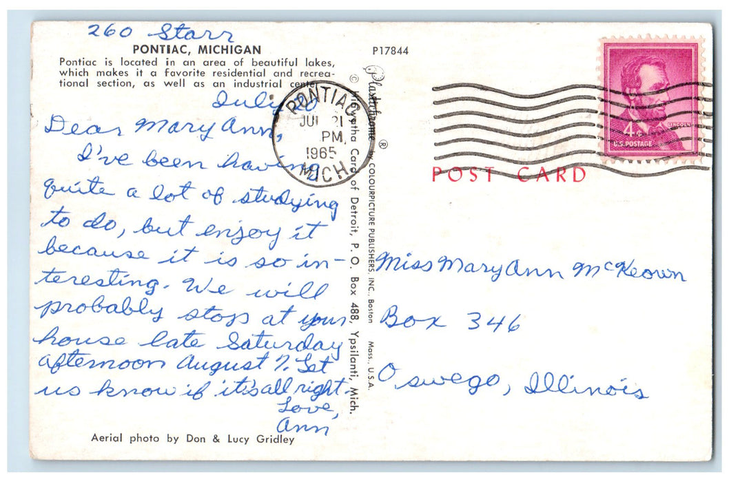1965 Pontiac Area Of Lakes Residential & Recreational Sail Boat View MI Postcard