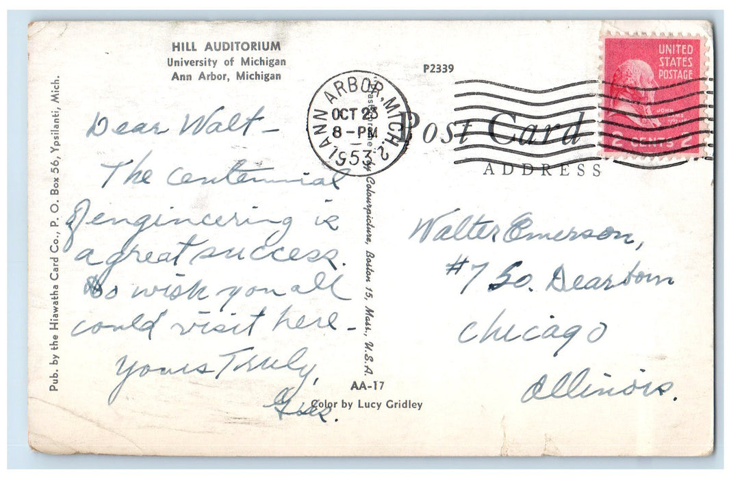1953 Hill Auditorium University Of Michigan Hill Ann Arbor MI Posted Postcard