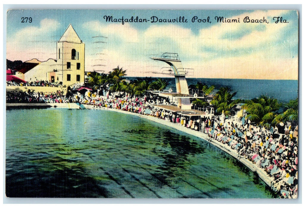 1949 Macfadden Deauville Pool People View Miami Beach Florida FL Posted Postcard