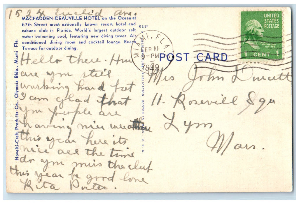 1949 Macfadden Deauville Pool People View Miami Beach Florida FL Posted Postcard