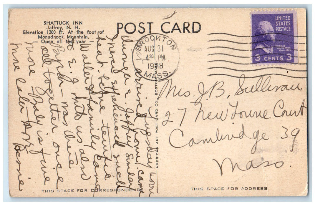 1948 Shattuck Inn Exterior Roadside Jaffrey New Hampshire NH Mountain Postcard