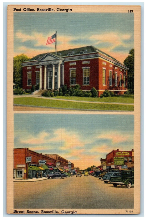 c1940's Post Office Exterior And Street Scene Cars Rossville Georgia GA Postcard