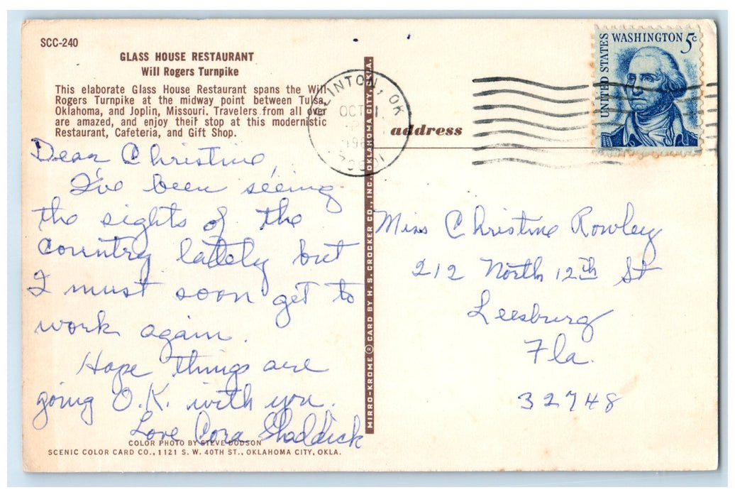 1960 Glass House Restaurant Will Rogers Turnpike Clinton Oklahoma OK Postcard
