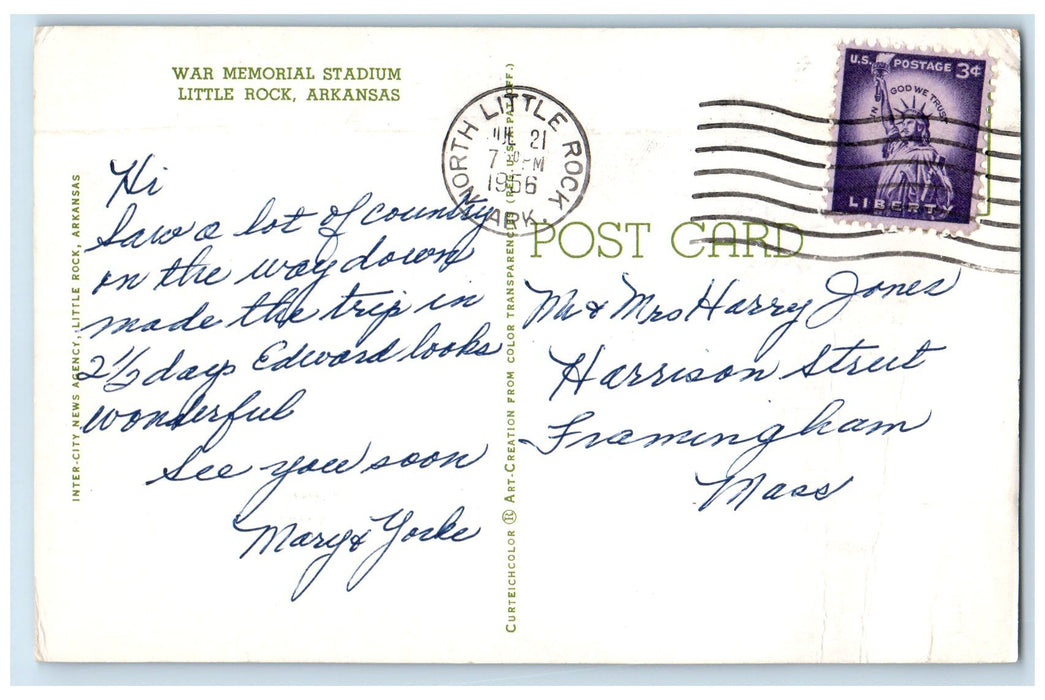 1956 War Memorial Stadium Exterior Little Rock Arkansas AR Posted Trees Postcard