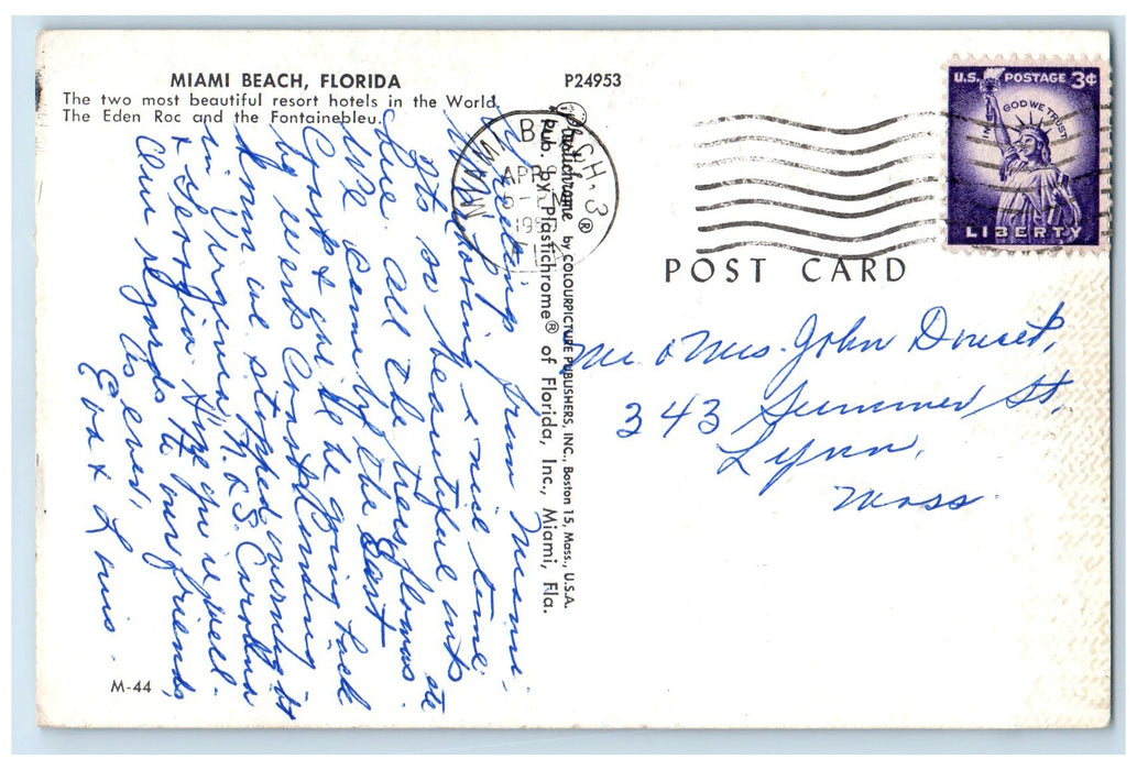 1954 Eden Roc And Fontainebleu Resort Hotels Miami Beach Florida FL Postcard