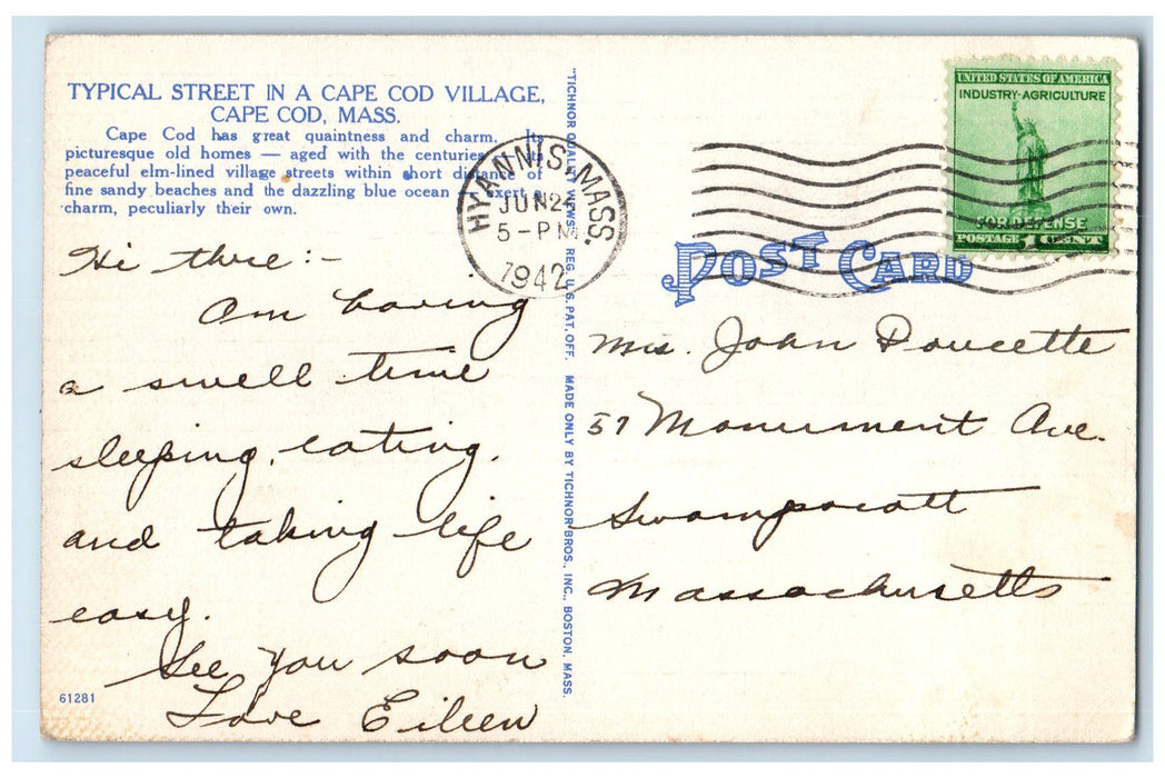 1942 Typical Street In A Cape Cod Village Cape Cod Massachusetts MA Postcard