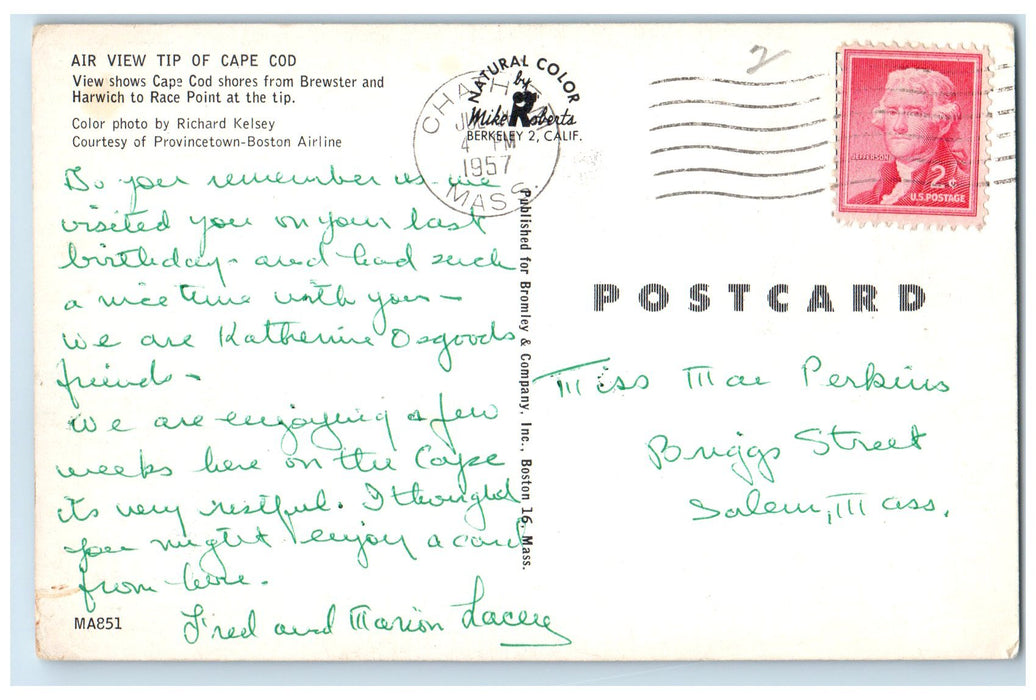 1957 Air View Tip Of Cape Cod Shores From Brewster Massachusetts MA Postcard