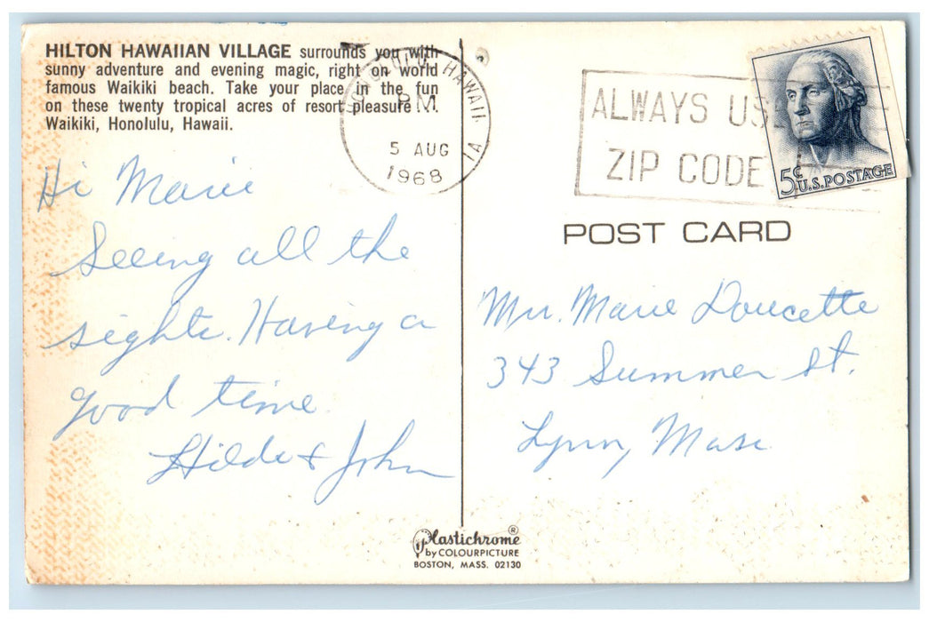 1968 Hilton Hawaiian Village Bathing Scene Honolulu Hawaii HI Posted Postcard