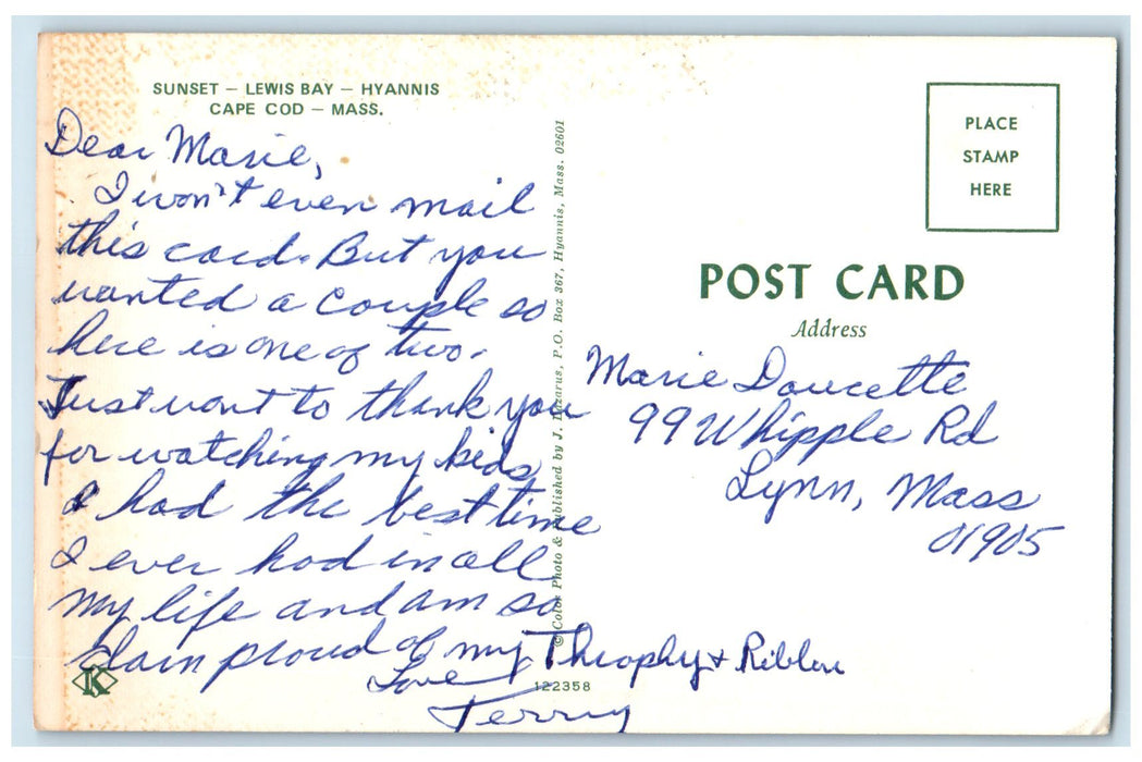 c1960s Sunset Lewis Bay Hyannis Cape Cod Massachusetts MA Unposted Boat Postcard