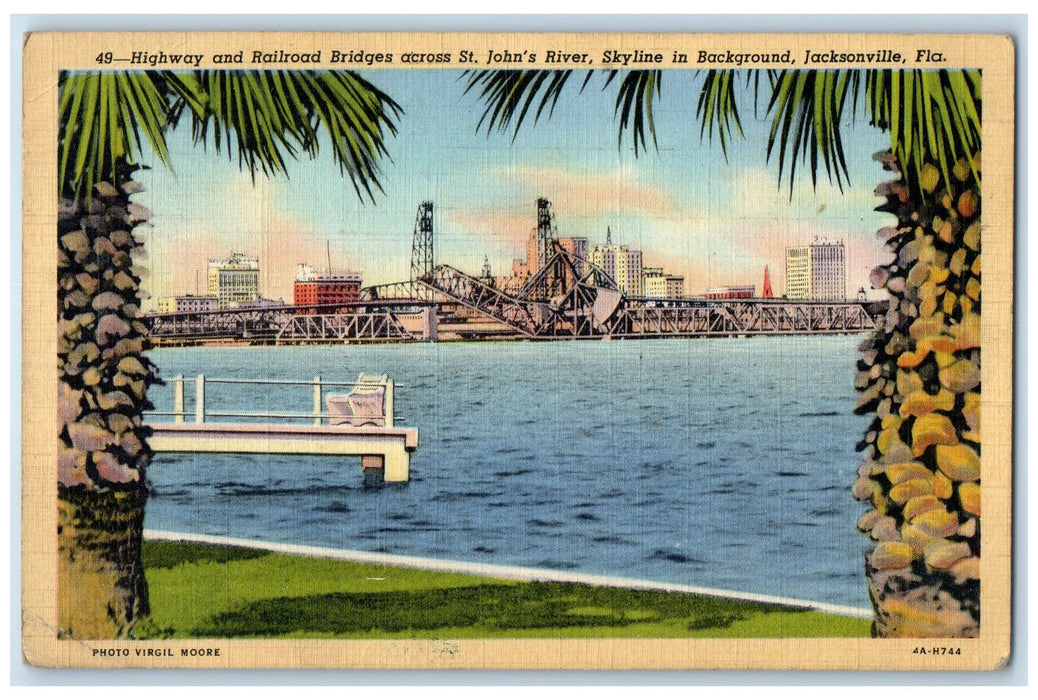 1943 Highway & Railroad Bridges Across St. John's River Jacksonville FL Postcard