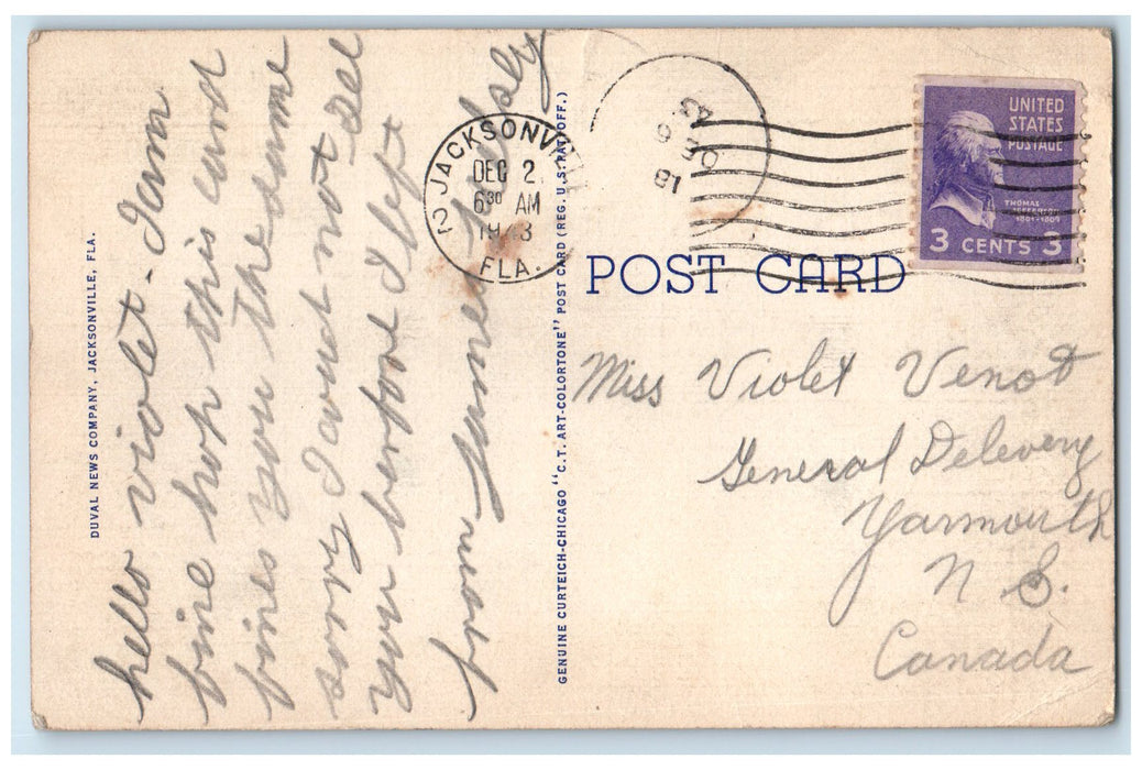 1943 Highway & Railroad Bridges Across St. John's River Jacksonville FL Postcard