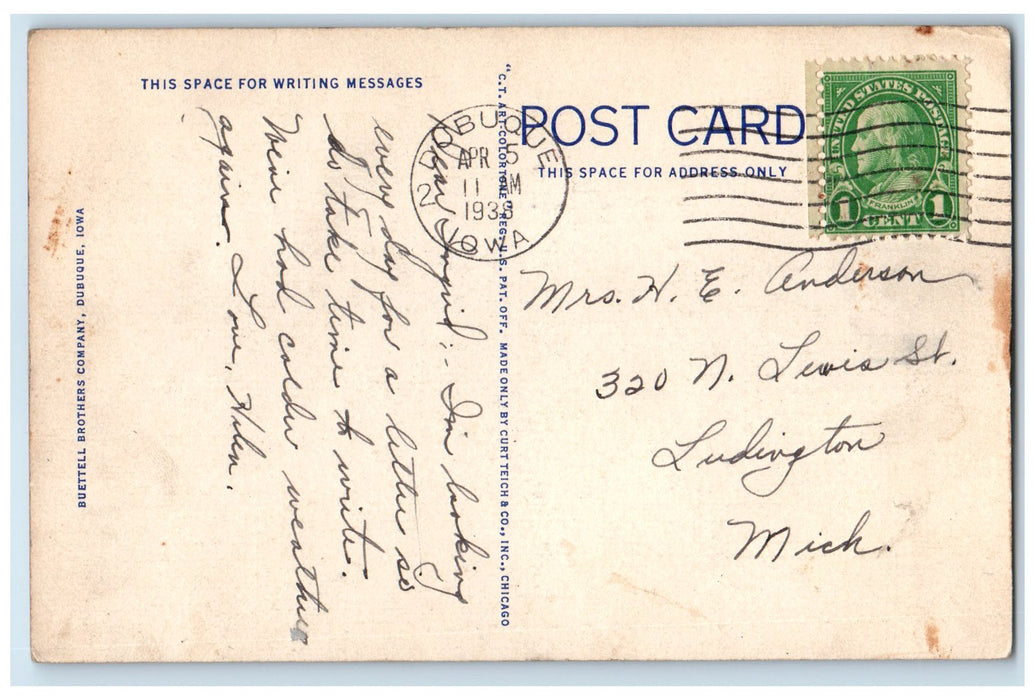 1938 Promenade Bridge Room Eagle Point Park Dubuque Iowa IA Posted Postcard