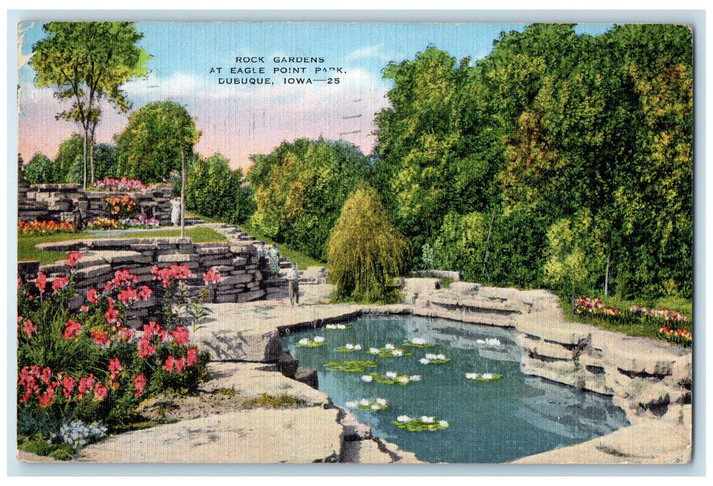 1938 Rock Gardens At Eagle Point Park Pond Scene Dubuque Iowa IA Posted Postcard
