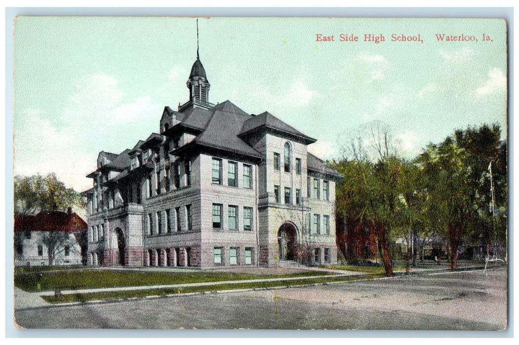 c1910's East Side High School Exterior Roadside Waterloo IA Unposted Postcard