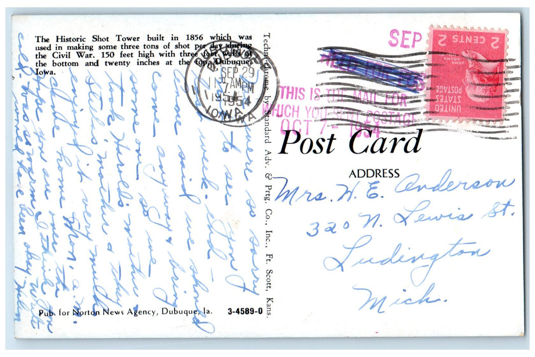 1954 The Historic Shot Tower Scene Built In 1856 Dubuque Iowa IA Posted Postcard
