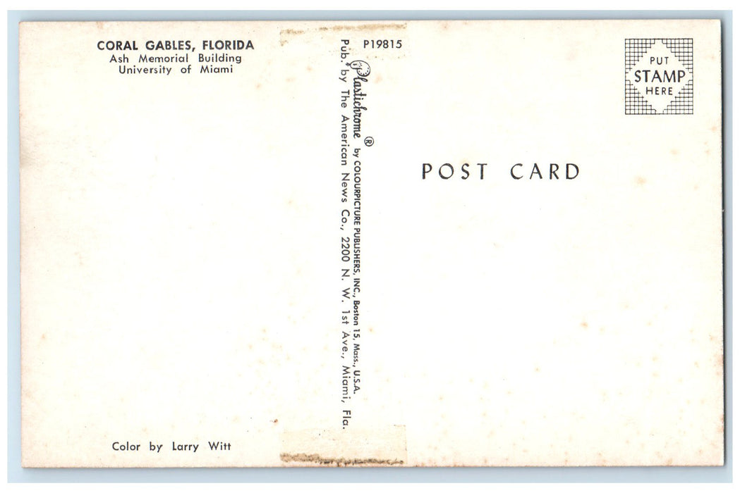 c1950 Ash Memorial Building University Of Miami Coral Gables Florida FL Postcard