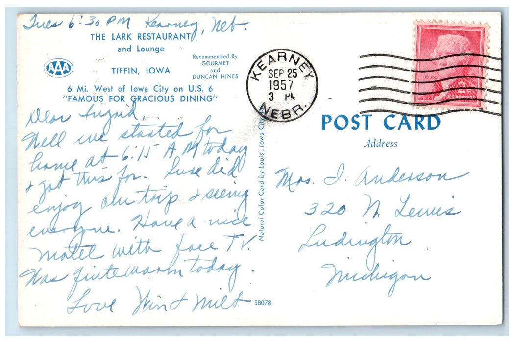 1957 The Lark Restaurant And Lounge Interior View Tiffin Iowa IA Posted Postcard