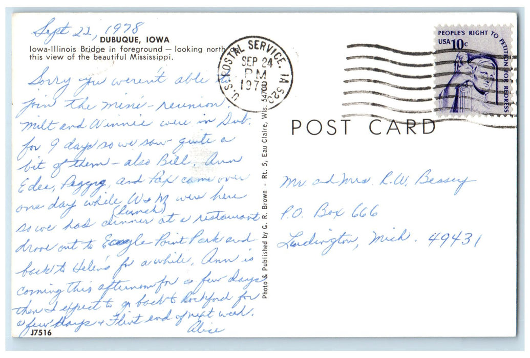 1978 Greetings From Dubuque Iowa IA Posted Looking Iowa-Illinois Bridge Postcard