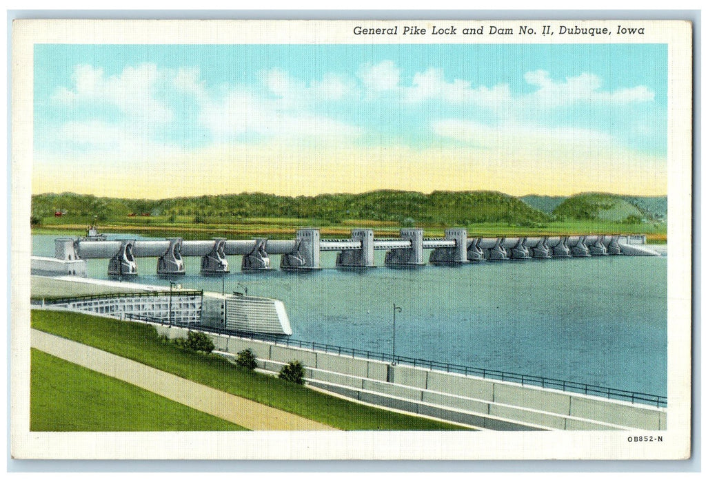 c1940's General Pike Lock And Dam No. II Dubuque Iowa IA Unposted Trees Postcard