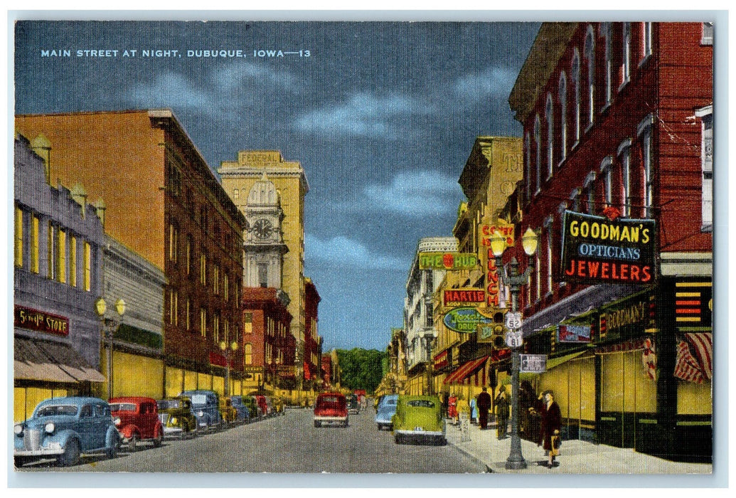 c1940's Main Street At Night Shops Cars Scene Dubuque Iowa IA Unposted Postcard