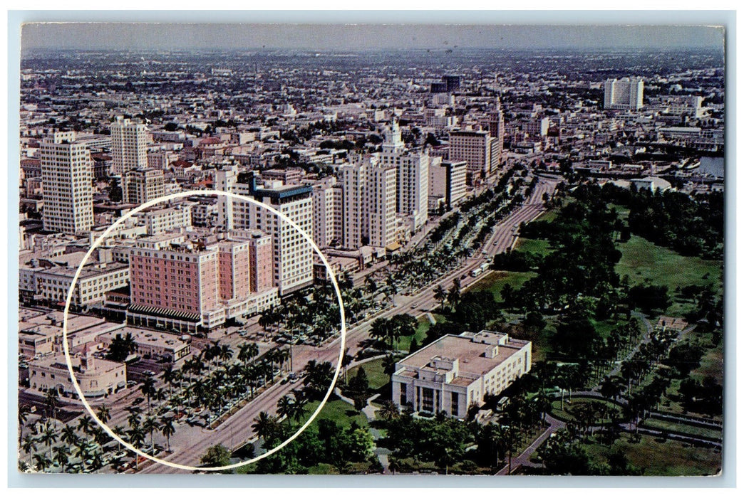 1967 Airview Of Miami Famous Hotel Row & Library Building Florida FL Postcard