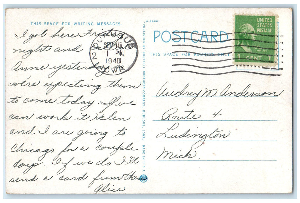 1940 Aeroplane View Of Grandview Ave. Boulevard Dubuque Iowa IA Posted Postcard