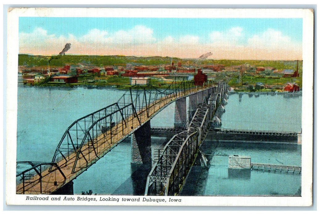 1939 Railroad And Auto Bridges Looking Toward Dubuque Iowa IA Posted Postcard
