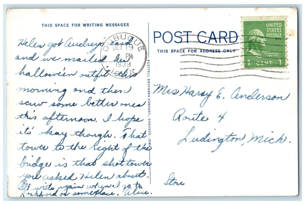 1939 Railroad And Auto Bridges Looking Toward Dubuque Iowa IA Posted Postcard