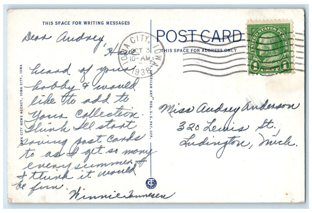 1938 Aerial View Of New University Hospital Iowa City Iowa IA Posted Postcard