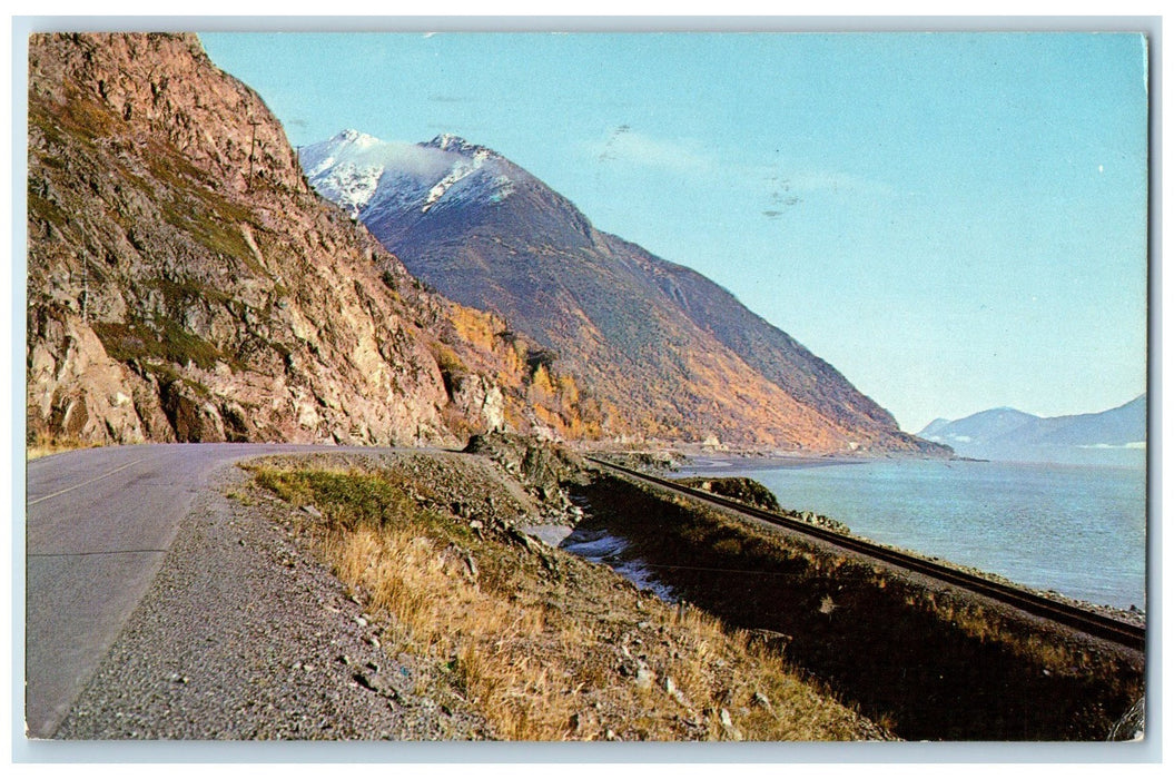 c1950 Turnagain Arm In The Fall Pave Highway Railroad Seward Alaska AK Postcard