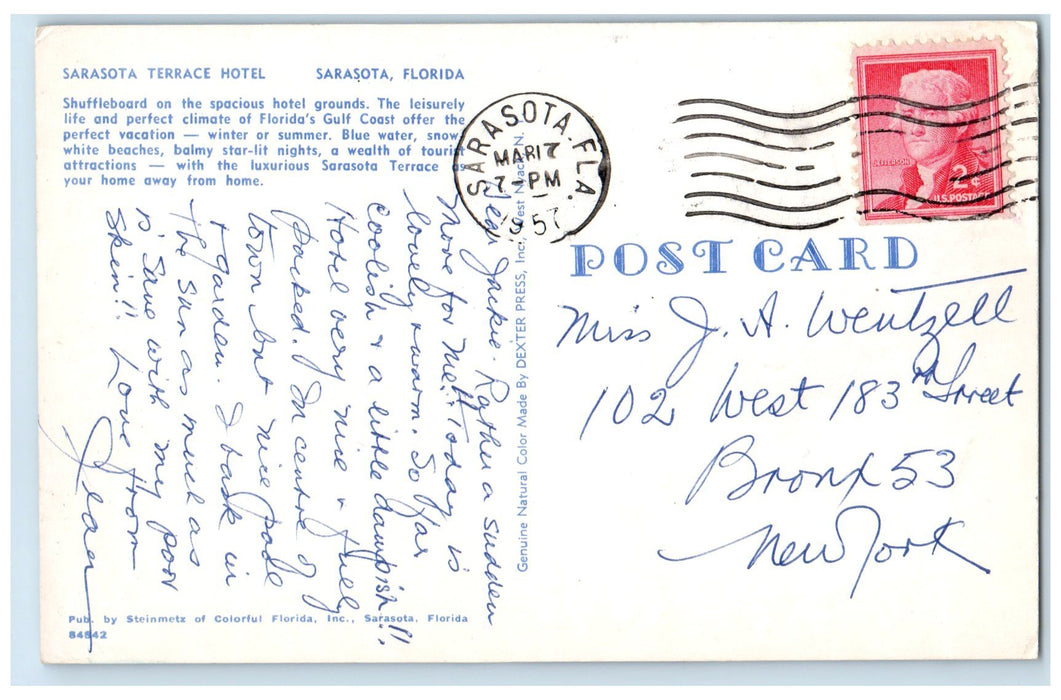 1957 Sarasota Terrace Hotel Restaurant Guest Sarasota Florida FL Posted Postcard