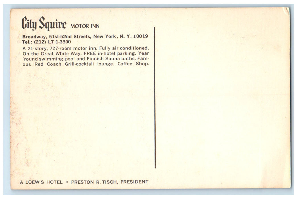c1950's City Squire Motor Inn Restaurant Building New York New York NY Postcard