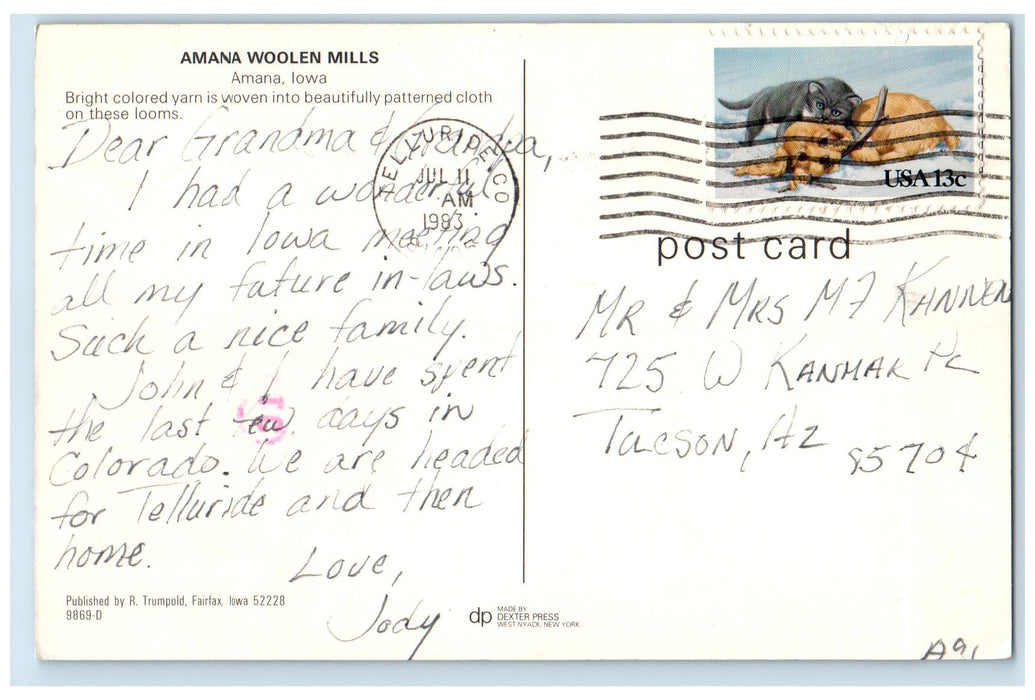 1983 Amana Woolen Mills Woven Patterned Cloth Machine Amana Iowa IA Postcard
