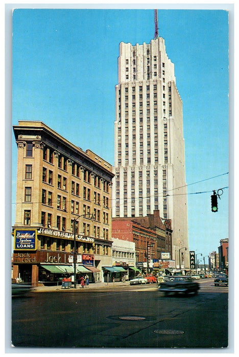 c1950 The Flatiron Building In Foreground Establishments Akron Ohio OH Postcard