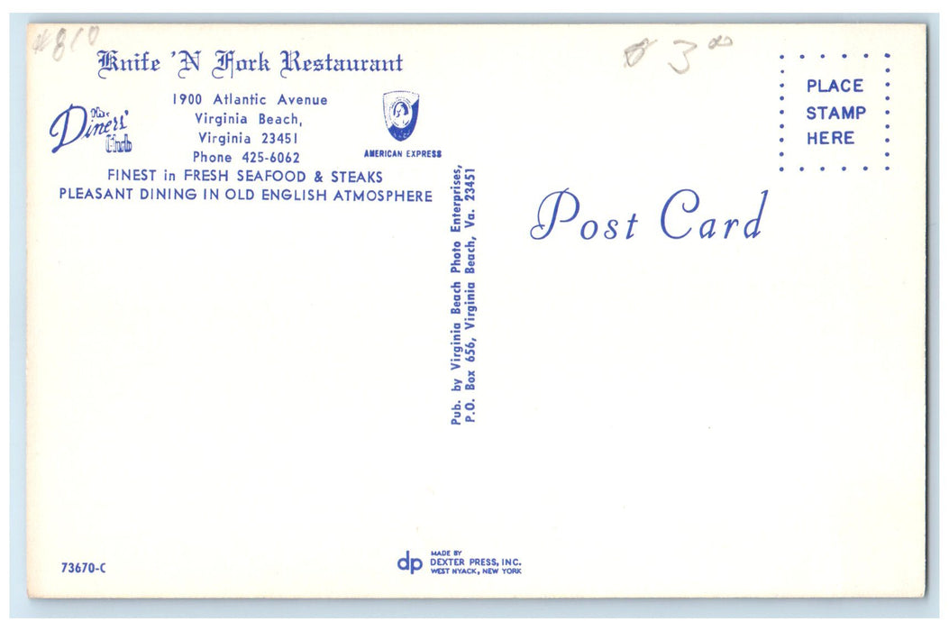 c1950 Knife N Pork Restaurant Fresh Seafoods & Steaks Virginia Beach VA Postcard