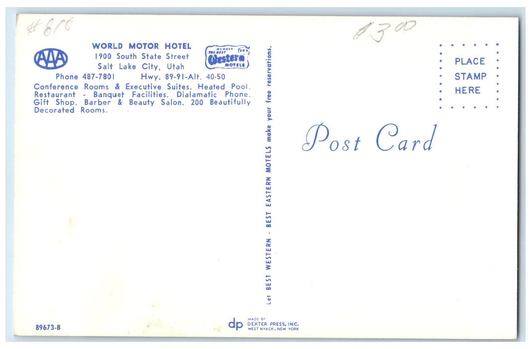 c1940s World Motor Hotel Roadside Scene Salt Lake City Utah UT Unposted Postcard