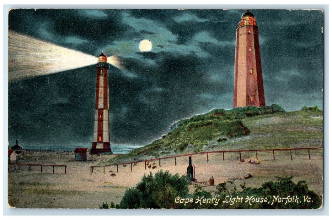 1909 Cape Henry Light House Moonlight Tower Norfolk Virginia VA Posted Postcard