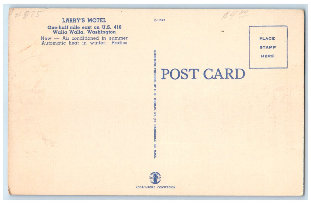 c1940's Larry's Motel  Roadside View Walla Walla Washington WA Unposted Postcard