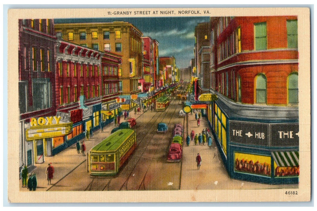 c1940 Granby Street At Night Downtown Establishment Norfolk Virginia VA Postcard