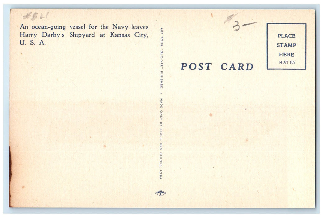 c1940s An Ocean-Going Vessel Harry Darby's Shipyard Kansas City KS Sky Postcard