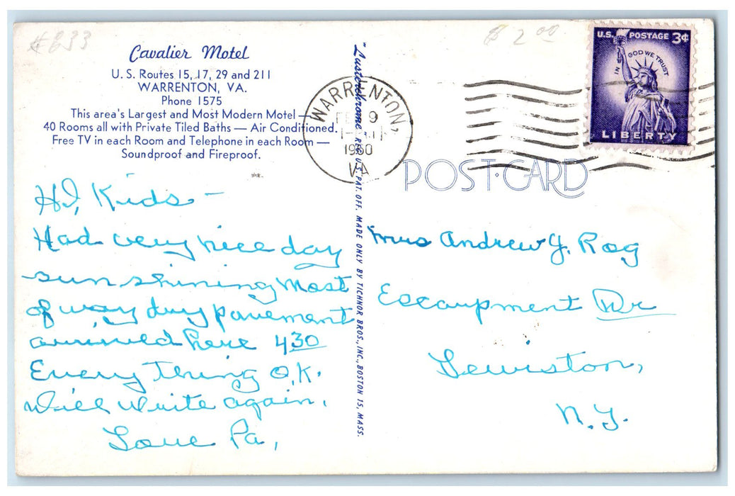 1960 Cavalier Motel Cottages Restaurant Classic Car Warrenton VA Posted Postcard