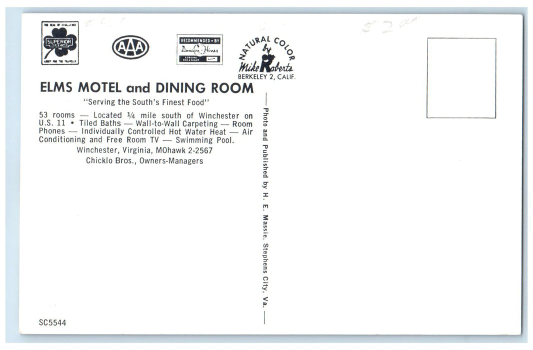 c1950's Elms Motel & Dining Room Restaurant Cottages View Winchester VA Postcard