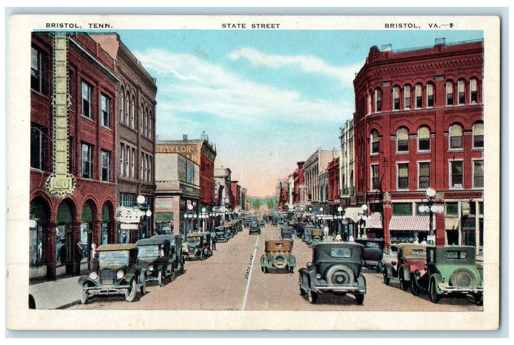 c1920's Bristol Tennessee State Street Bristol Virginia State Line VA Postcard