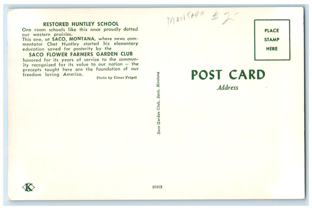 c1960s Restored Huntley School Farmers Garden Club Saco Montana MT Flag Postcard