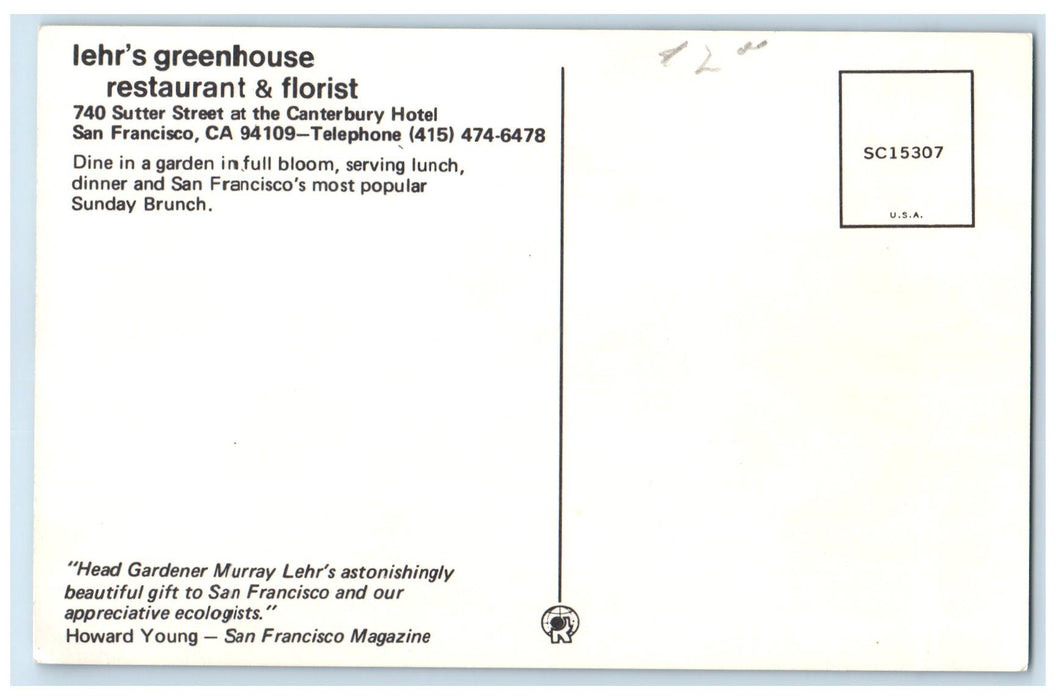 c1960s Lehr's Greenhouse Restaurant And Florist San Francisco CA Tables Postcard