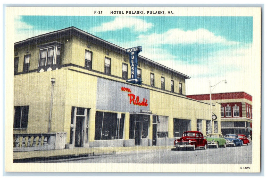 c1940 Hotel Pulaski Restaurant Building Classic Car Pulaski Virginia VA Postcard