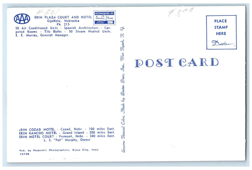 c1960s Erin Plaza Court & Hotel Exterior Ogallala Nebraska NE Unposted Postcard