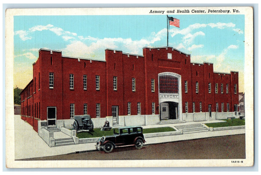 c1940 Armory & Health Center Classic Car Cannon Petersburg Virginia VA Postcard